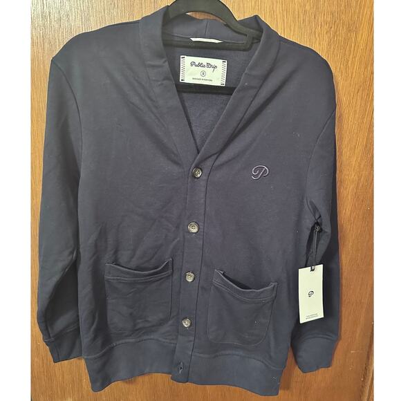 NWT PUBLIC DRIP NAVY FRENCH TERRY BUTTON UP "P" CARDIGAN; SIZE S - Picture 2 of 4